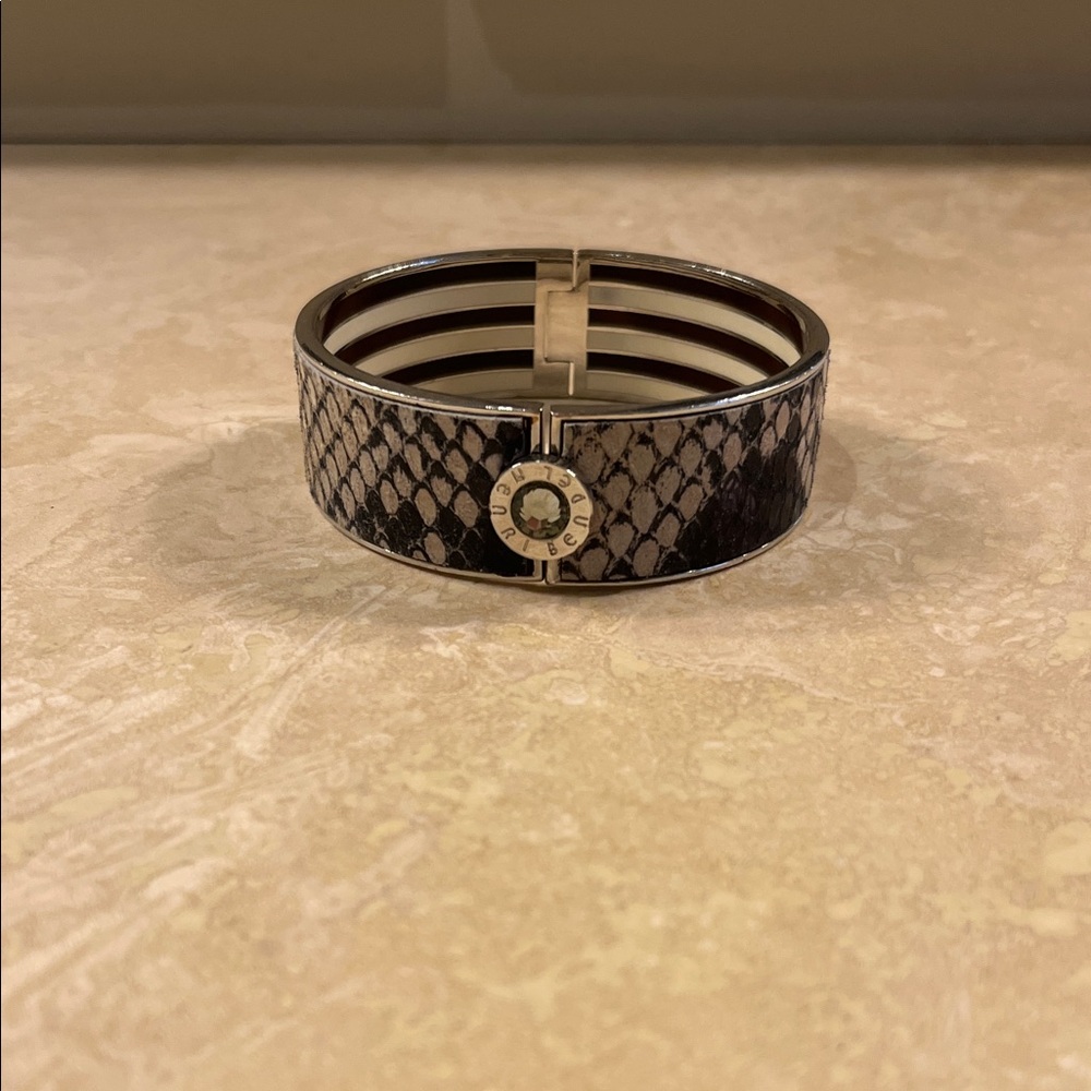 Henri Bendel Bangle Bracelet Snake Print Cream Brown Rhinestone Chunky Statement